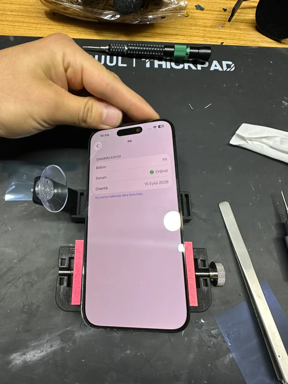 iPhone 14 Pro Max Pil ve Batarya Değişimi — iPhone 14 Pro Max pil değişimi sonrası Ayarlar’daki onarım kaydı: Pil — Orijinal